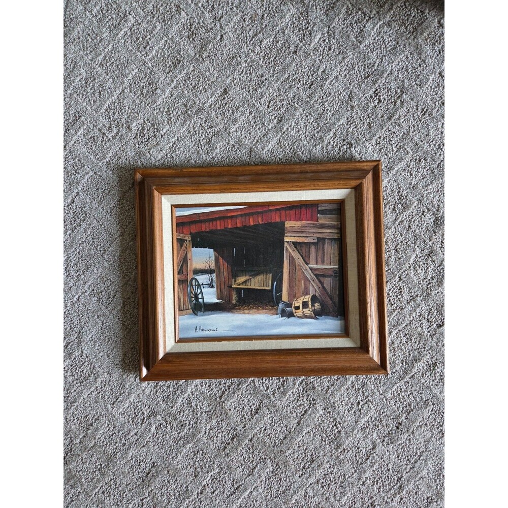 Rustic Barn Winter Scene by H. Hargrove - Framed Print